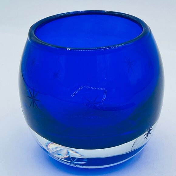 Cobalt Blue Starburst Etched Stars Glittery Glass Votive Candle Holder Poland - Picture 3 of 12